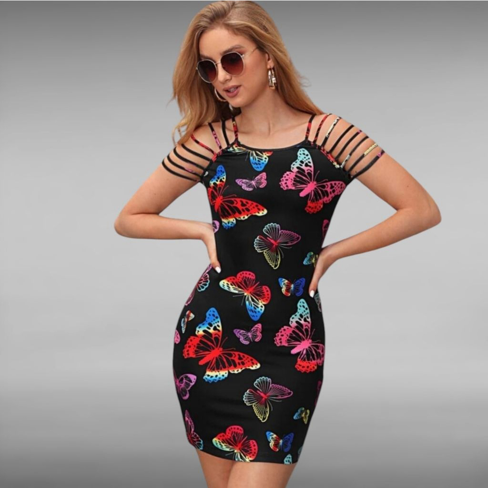 SHEIN Medium Rainbow Butterfly Print Strappy Sleeve Bodycon Mini Dress - Picture 11 of 11